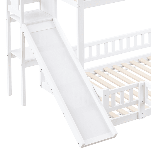 Cama beliche 90x200 cm e 140x200 cm - Corrimão, madeira de pinho, escorregador, escadas, En747, várias prateleiras, porta pequena extensível - Branco