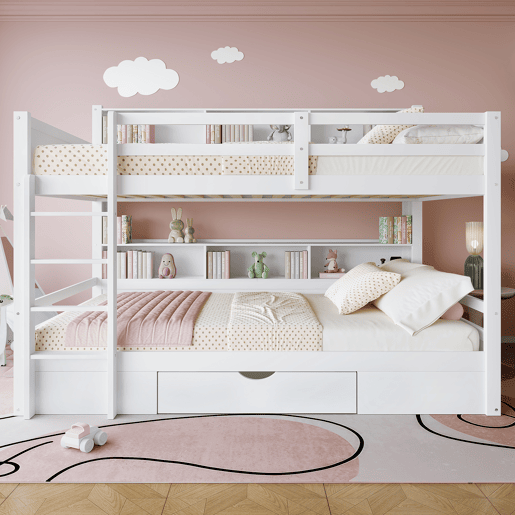 Cama beliche 90x200cm - com gavetas e compartimentos de arrumação - Branco
