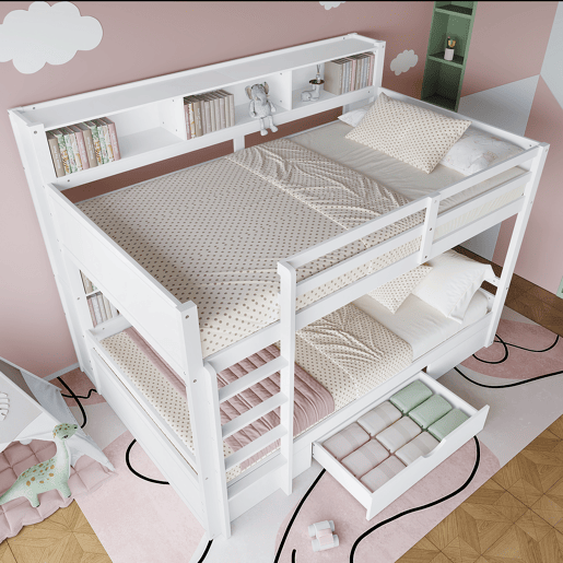 Cama beliche 90x200cm - com gavetas e compartimentos de arrumação - Branco