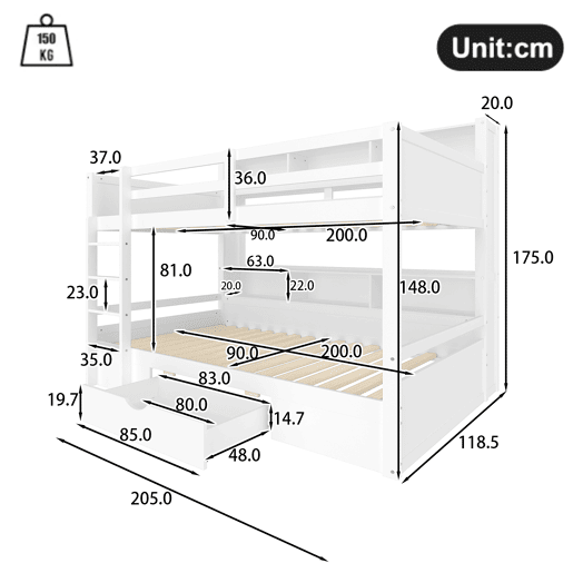 Cama beliche 90x200cm - com gavetas e compartimentos de arrumação - Branco