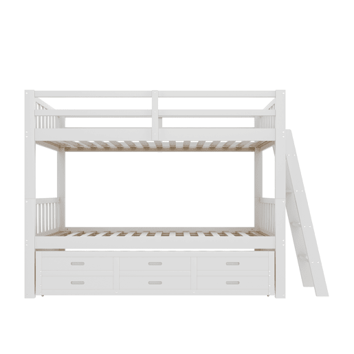 Cama beliche 90x200cm - Cama infantil com escada, cama extraível e 3 gavetas, estrutura em madeira de pinho e MDF - Branco