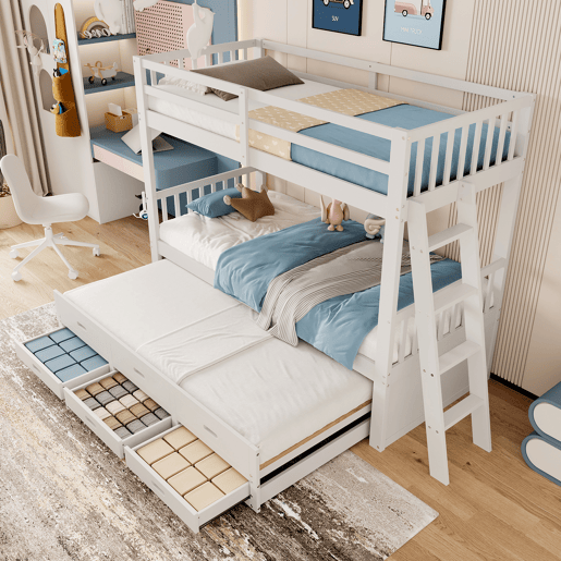Cama beliche 90x200cm - Cama infantil com escada, cama extraível e 3 gavetas, estrutura em madeira de pinho e MDF - Branco