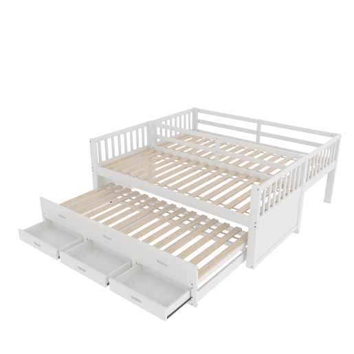 Cama beliche 90x200cm - Cama infantil com escada, cama extraível e 3 gavetas, estrutura em madeira de pinho e MDF - Branco