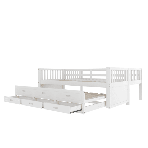 Cama beliche 90x200cm - Cama infantil com escada, cama extraível e 3 gavetas, estrutura em madeira de pinho e MDF - Branco