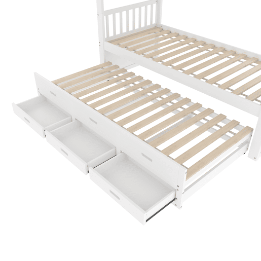 Cama beliche 90x200cm - Cama infantil com escada, cama extraível e 3 gavetas, estrutura em madeira de pinho e MDF - Branco