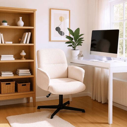 Cadeira De Escritório Giratória Ajustável Estofada Em Veludo Canelado Bege Com Assento Acolchoado E Estrutura Metálica