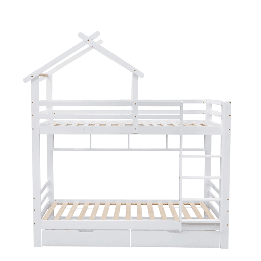 Beliche 90x200 cm em pinho maciço com gavetas e prateleiras + estrados - Branco