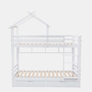 Beliche 90x200 cm em pinho maciço com gavetas e prateleiras + estrados - Branco