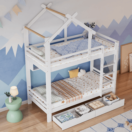 Beliche 90x200 cm em pinho maciço com gavetas e prateleiras + estrados - Branco