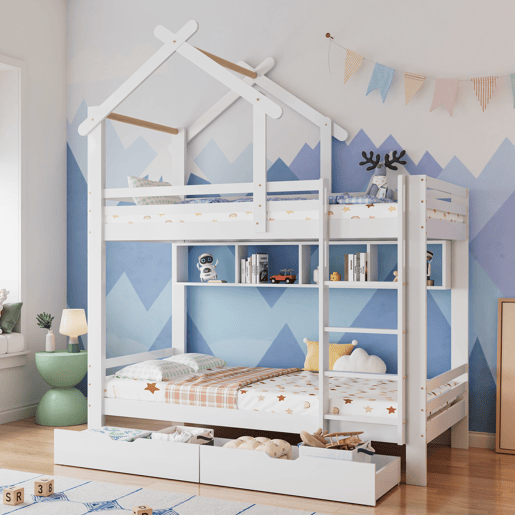 Beliche 90x200 cm em pinho maciço com gavetas e prateleiras + estrados - Branco