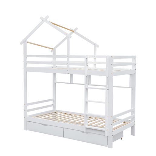 Beliche 90x200 cm em pinho maciço com gavetas e prateleiras + estrados - Branco