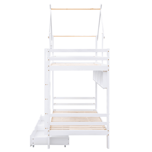 Beliche 90x200 cm em pinho maciço com gavetas e prateleiras + estrados - Branco