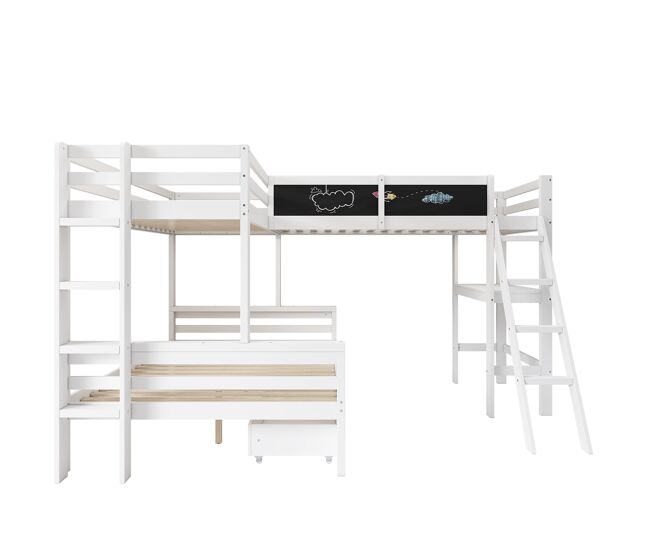 Litera 2x90x200cm + 140x200cm en madera - con escritorio y 2 cajones - blanco