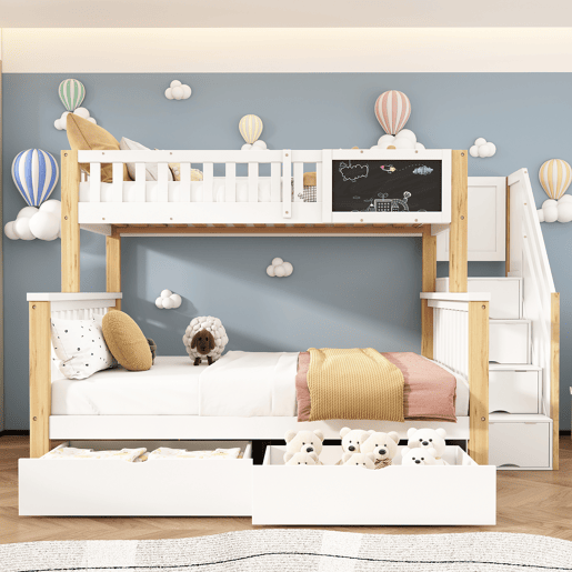 Beliche infantil 90x200+140x200 - Multifuncional com quadro negro e gavetas - Branco + Carvalho claro