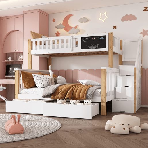 Beliche infantil 90x200+140x200 - Multifuncional com quadro negro e gavetas - Branco + Carvalho claro