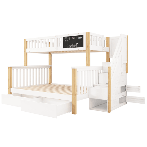 Beliche infantil 90x200+140x200 - Multifuncional com quadro negro e gavetas - Branco + Carvalho claro