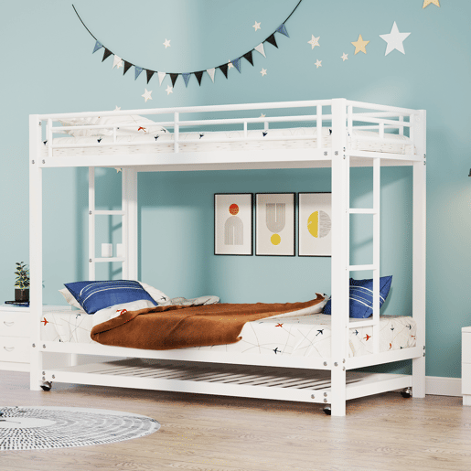 Beliche de metal 90x200 cm - com cama com rodízios 90x190 cm - Branco