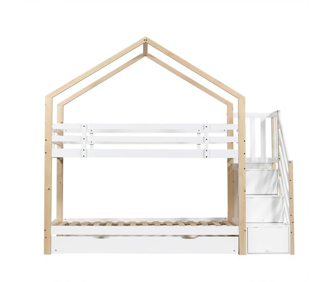 Litera 90x200cm + cama nido 90x190cm - cama nido infantil con escalera de almacenaje - madera maciza - blanco