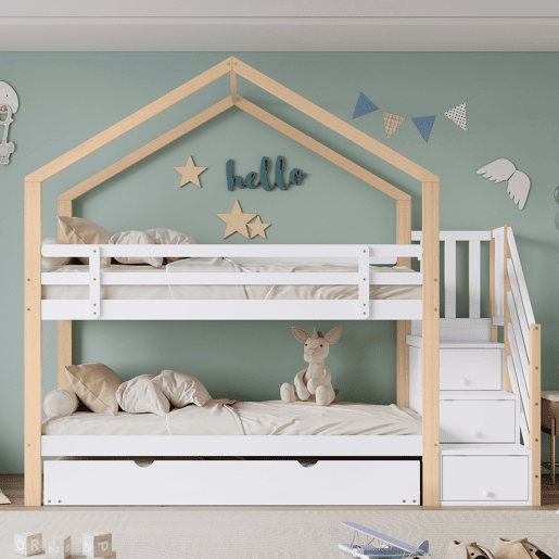Beliche 90x200cm + cama de rodízio 90x190cm - cama de rodízio para crianças com escada para arrumação - madeira maciça - Branco
