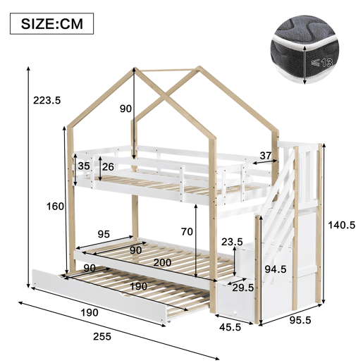 Beliche 90x200cm + cama de rodízio 90x190cm - cama de rodízio para crianças com escada para arrumação - madeira maciça - Branco
