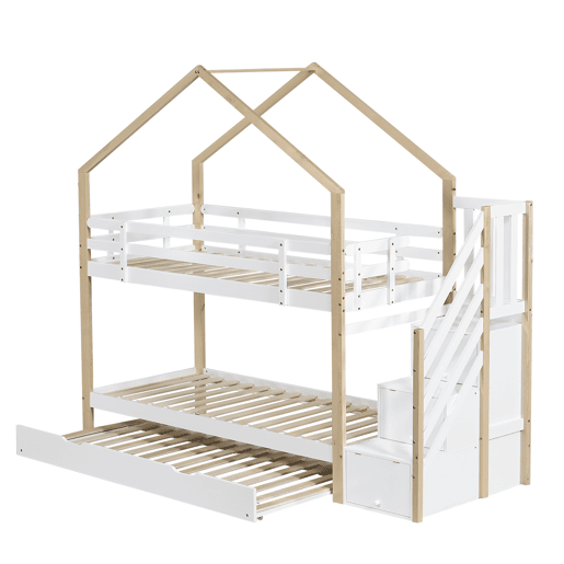 Beliche 90x200cm + cama de rodízio 90x190cm - cama de rodízio para crianças com escada para arrumação - madeira maciça - Branco