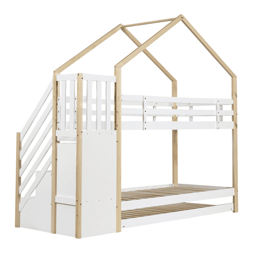 Beliche 90x200cm + cama de rodízio 90x190cm - cama de rodízio para crianças com escada para arrumação - madeira maciça - Branco