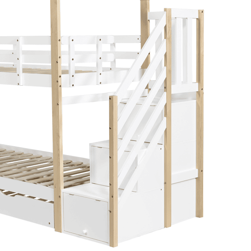 Beliche 90x200cm + cama de rodízio 90x190cm - cama de rodízio para crianças com escada para arrumação - madeira maciça - Branco