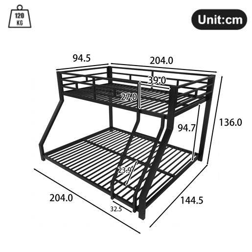 Cama beliche, 90200 cm + 140200 cm - com grade, escada, certificado EN747, sem colchão - Preto Cama beliche, 90200 cm + 140200 cm - com grade, escada, certificado EN747, sem colchão - Preto