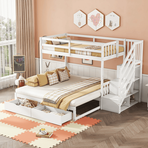 Beliche em madeira - 90x200cm + 90180x200cm - 2 gavetas e prateleiras - 2 estrados - Branco
