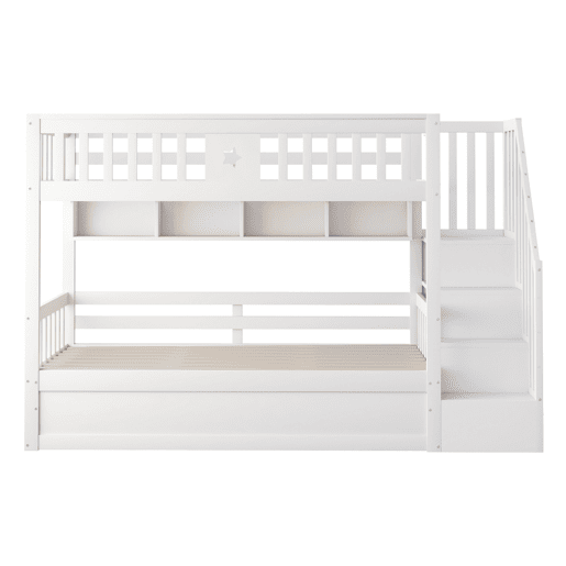 Cama alta 90x200 cm - Cama juvenil, escadas com arrumação, prateleiras, cama loft, hidráulica - Branco