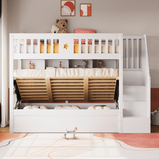 Cama alta 90x200 cm - Cama juvenil, escadas com arrumação, prateleiras, cama loft, hidráulica - Branco