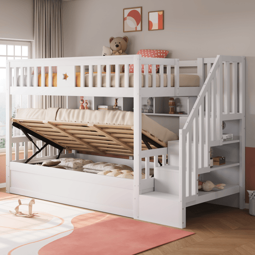 Cama alta 90x200 cm - Cama juvenil, escadas com arrumação, prateleiras, cama loft, hidráulica - Branco