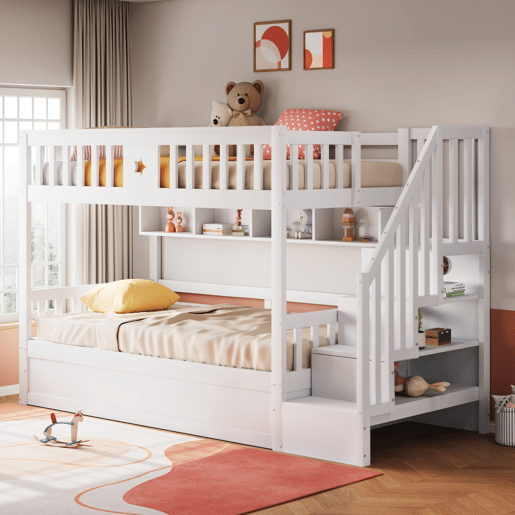 Cama alta 90x200 cm - Cama juvenil, escadas com arrumação, prateleiras, cama loft, hidráulica - Branco
