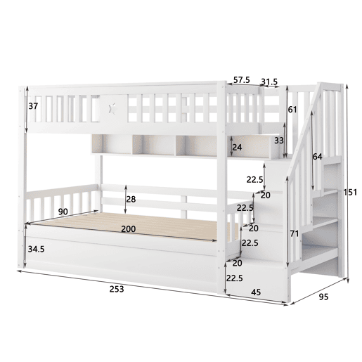 Cama alta 90x200 cm - Cama juvenil, escadas com arrumação, prateleiras, cama loft, hidráulica - Branco