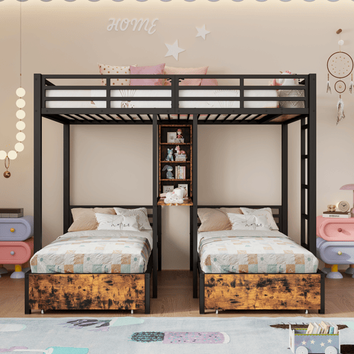 Cama beliche 140 x 200 cm + 90 x 200 cm - 3 camas, com barreiras laterais, com compartimentos de arrumação, 2 gavetas, prateleiras, sem colchão - Preto