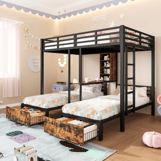 Cama beliche 140 x 200 cm + 90 x 200 cm - 3 camas, com barreiras laterais, com compartimentos de arrumação, 2 gavetas, prateleiras, sem colchão - Preto
