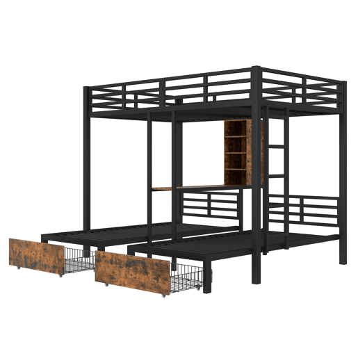 Cama beliche 140 x 200 cm + 90 x 200 cm - 3 camas, com barreiras laterais, com compartimentos de arrumação, 2 gavetas, prateleiras, sem colchão - Preto