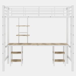 Cama alta 90x200 cm - com secretária e prateleiras - estrutura em ferro - Branco