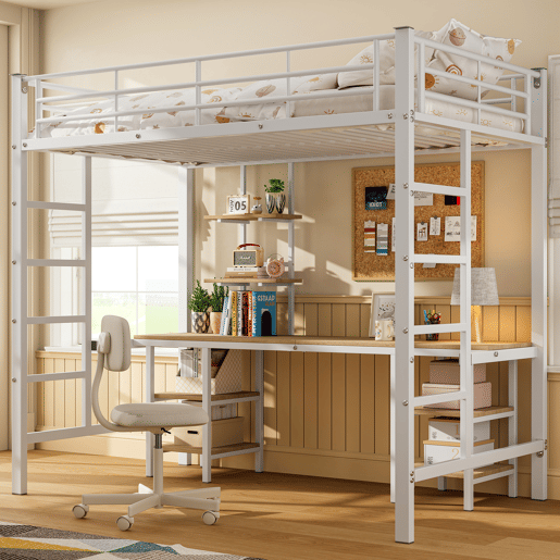 Cama alta 90x200 cm - com secretária e prateleiras - estrutura em ferro - Branco