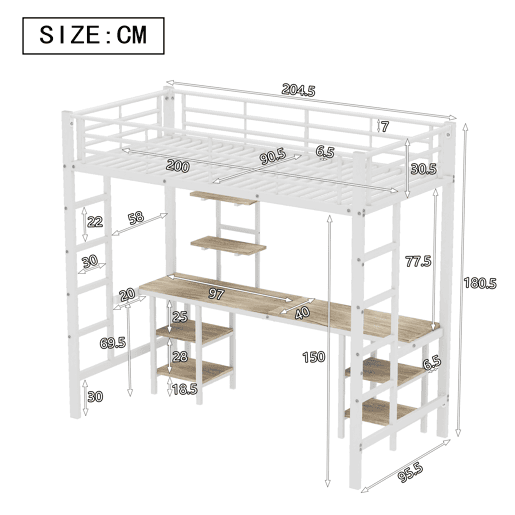 Cama alta 90x200 cm - com secretária e prateleiras - estrutura em ferro - Branco
