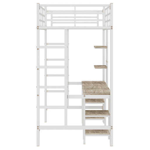 Cama alta 90x200 cm - com secretária e prateleiras - estrutura em ferro - Branco