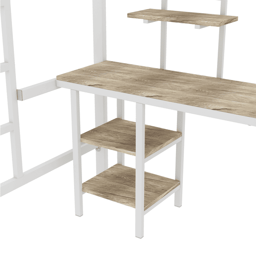 Cama alta 90x200 cm - com secretária e prateleiras - estrutura em ferro - Branco