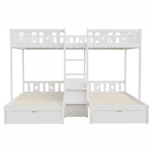 Cama alta + cama inferior 140x22090x200 - com escada, espaço de arrumação e duas gavetas, grade de segurança com desenho de estrelas e lua, estrutura em madeira maciça - branco