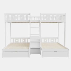 Cama alta + cama inferior 140x22090x200 - com escada, espaço de arrumação e duas gavetas, grade de segurança com desenho de estrelas e lua, estrutura em madeira maciça - branco