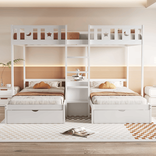 Cama alta + cama inferior 140x22090x200 - com escada, espaço de arrumação e duas gavetas, grade de segurança com desenho de estrelas e lua, estrutura em madeira maciça - branco