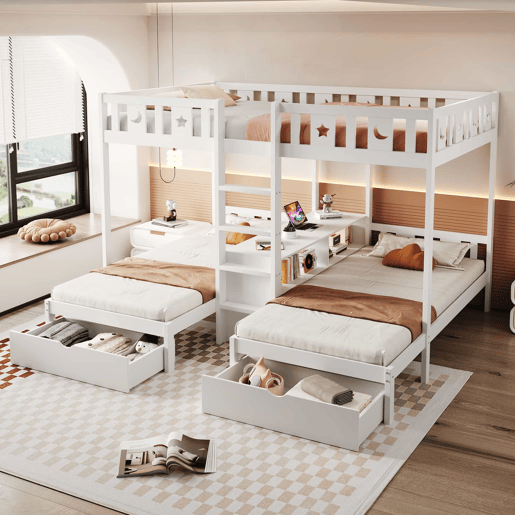 Cama alta + cama inferior 140x22090x200 - com escada, espaço de arrumação e duas gavetas, grade de segurança com desenho de estrelas e lua, estrutura em madeira maciça - branco