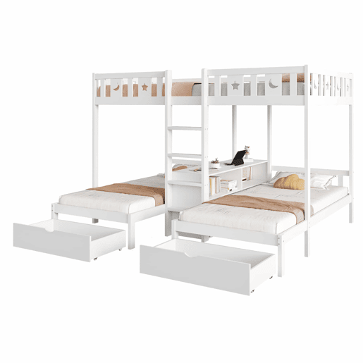 Cama alta + cama inferior 140x22090x200 - com escada, espaço de arrumação e duas gavetas, grade de segurança com desenho de estrelas e lua, estrutura em madeira maciça - branco