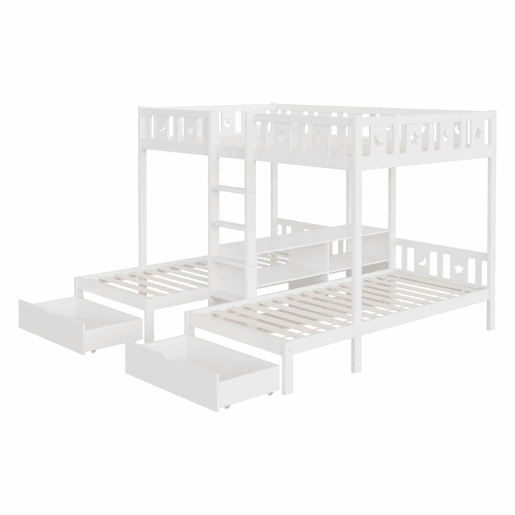 Cama alta + cama inferior 140x22090x200 - com escada, espaço de arrumação e duas gavetas, grade de segurança com desenho de estrelas e lua, estrutura em madeira maciça - branco