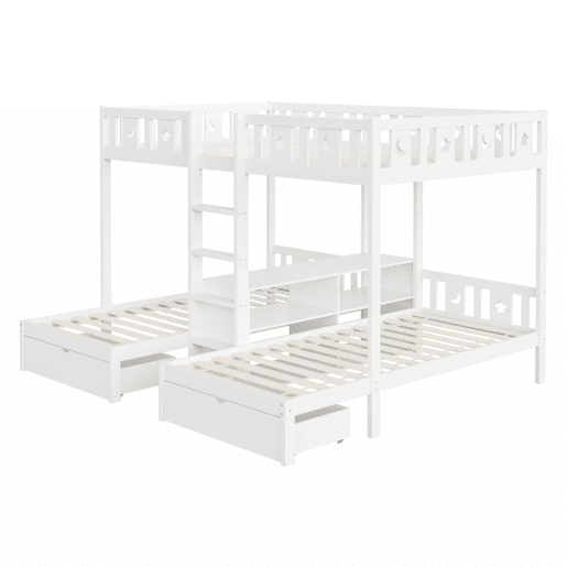 Cama alta + cama inferior 140x22090x200 - com escada, espaço de arrumação e duas gavetas, grade de segurança com desenho de estrelas e lua, estrutura em madeira maciça - branco