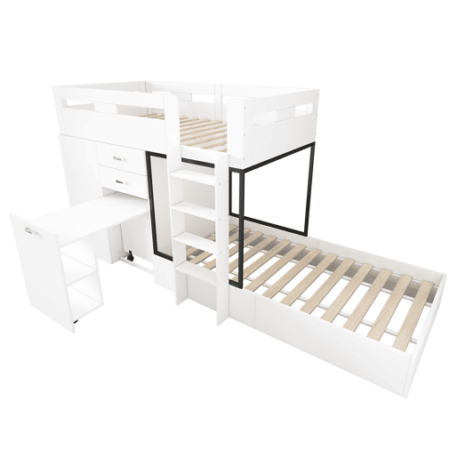 Beliche 90x200 - Com secretária extraível, armário, prateleiras, escada - Branco+Preto